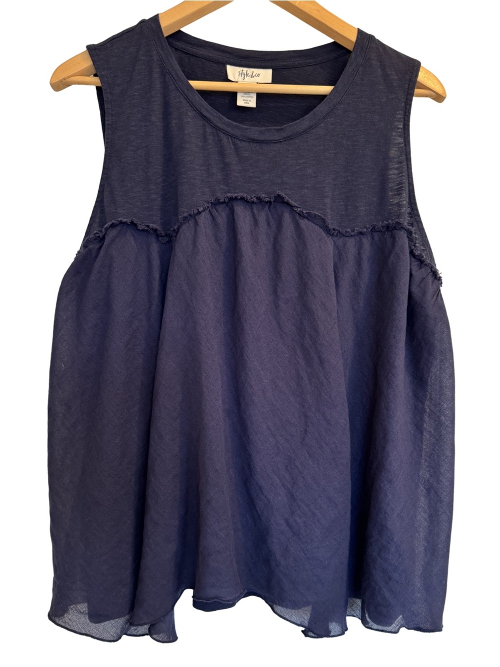 Style & Co Navy Mixed Media Sleeveless Blouse Large Flowy Cotton Modal Top